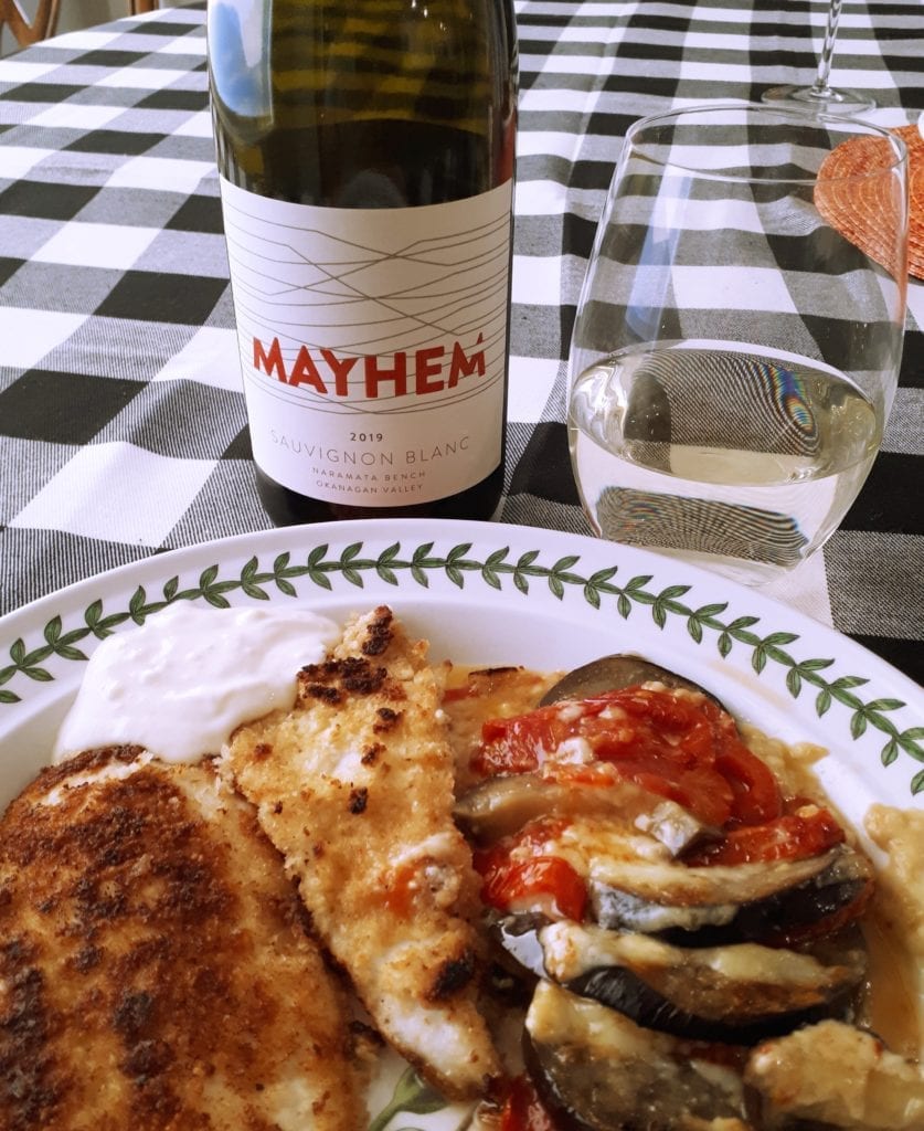 Mayhem Sauvignon Blanc with sole and baked eggplant.