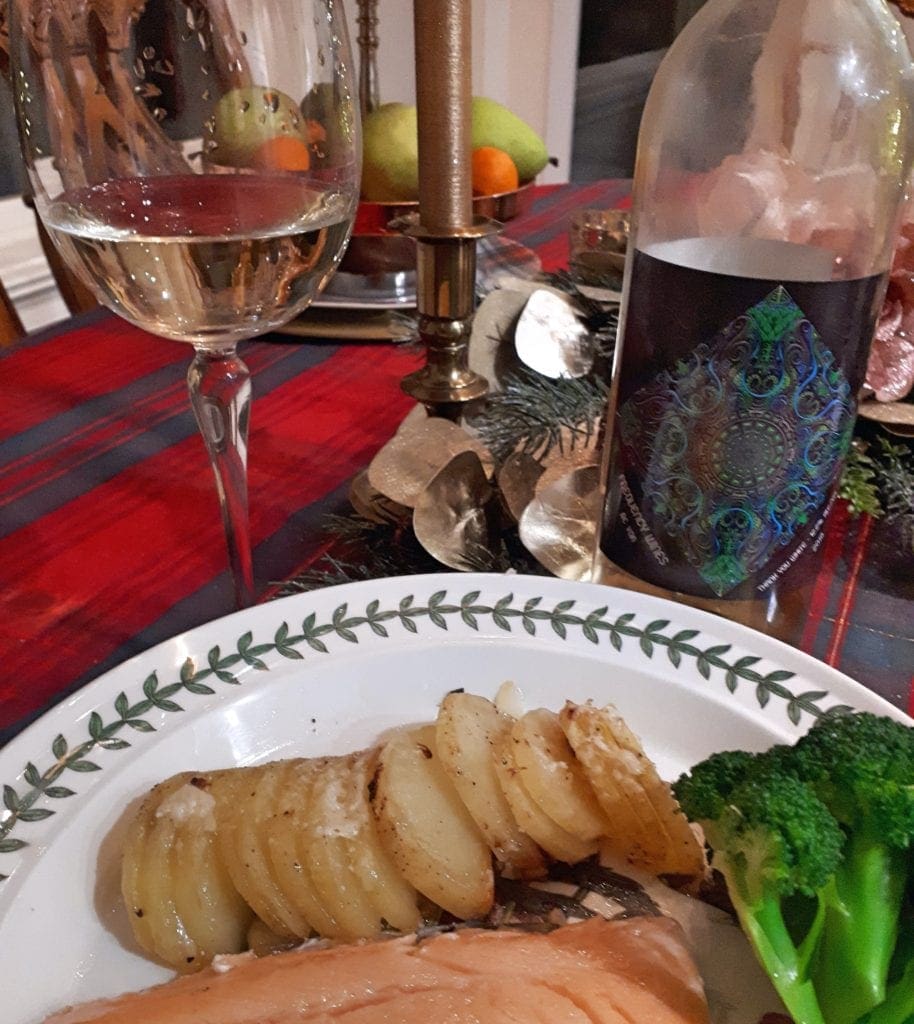 Frequency Thank You White with Steelhead trout and baked potatoes