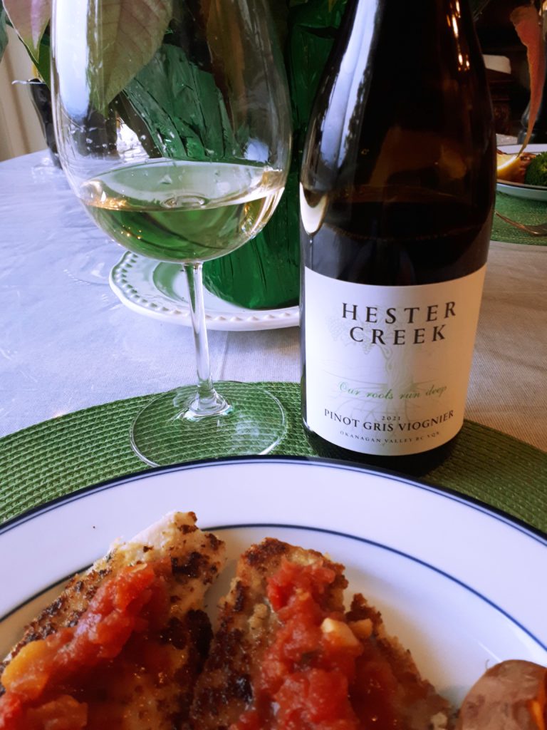 Hester Creek Pinot Gris Viognier 2021 paired with pan-fried sole and mango salsa.