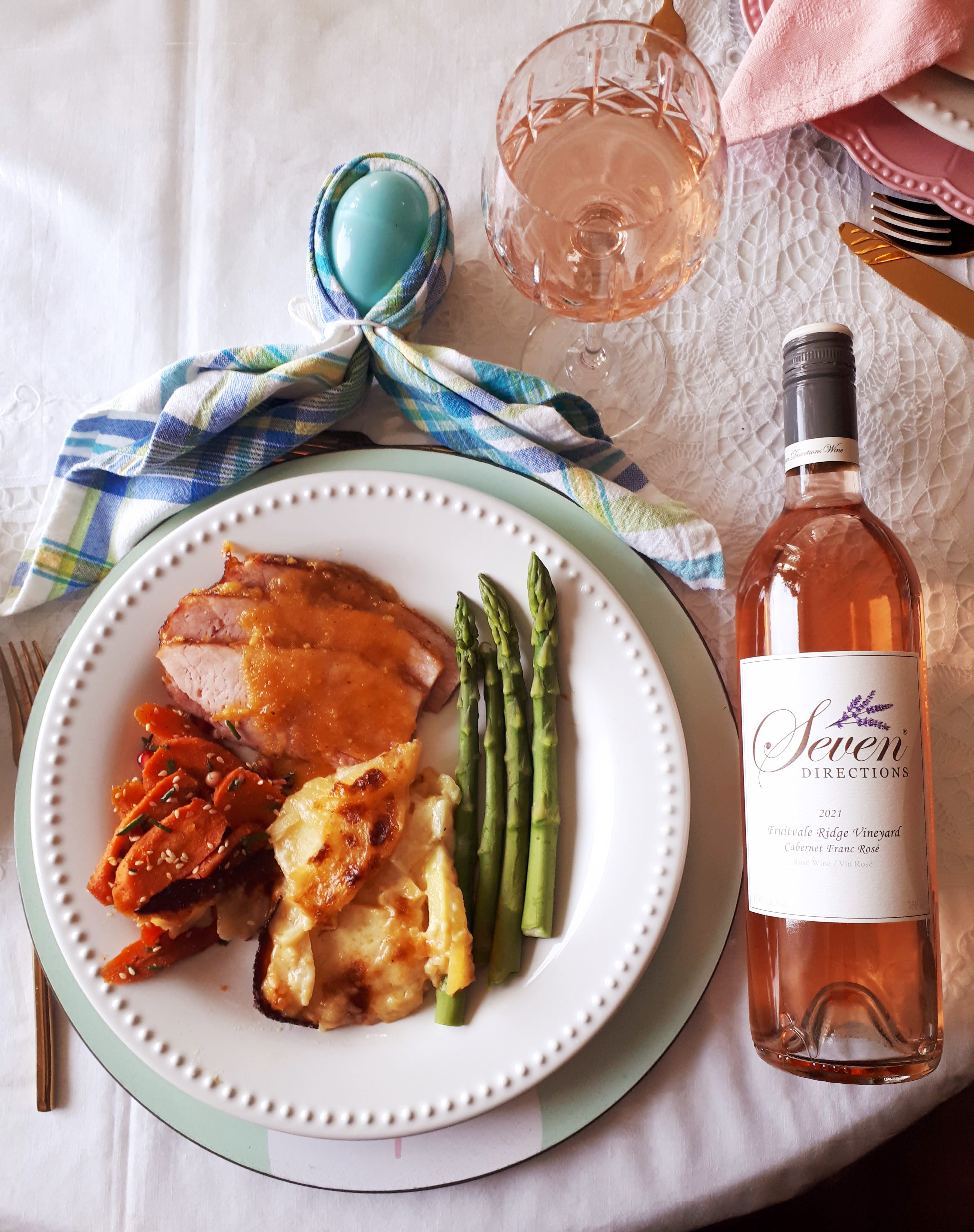 Seven Directions Fruitvale Ridge Vineyard Cabernet Franc Rosé with Ham, Maple syrup carrots and scalloped potatoes