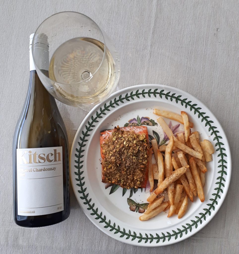 Kitsch 11 Barrel Chardonnay 2018 paired with Pistachio Crusted Salmon.