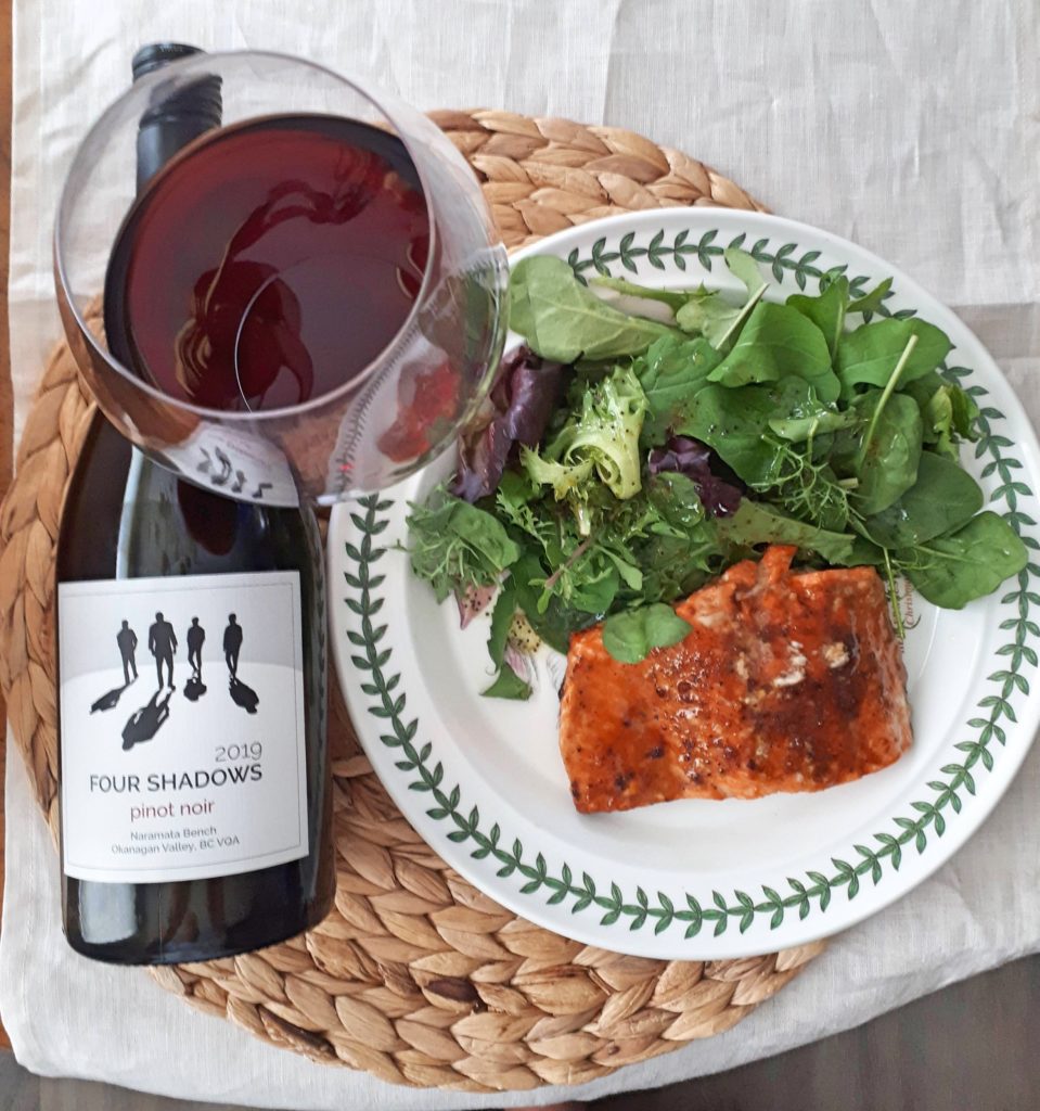 Four Shadows Pinot Noir 2019 paired beautifully with BBQ Salmon and “fresh from our garden” Salad.