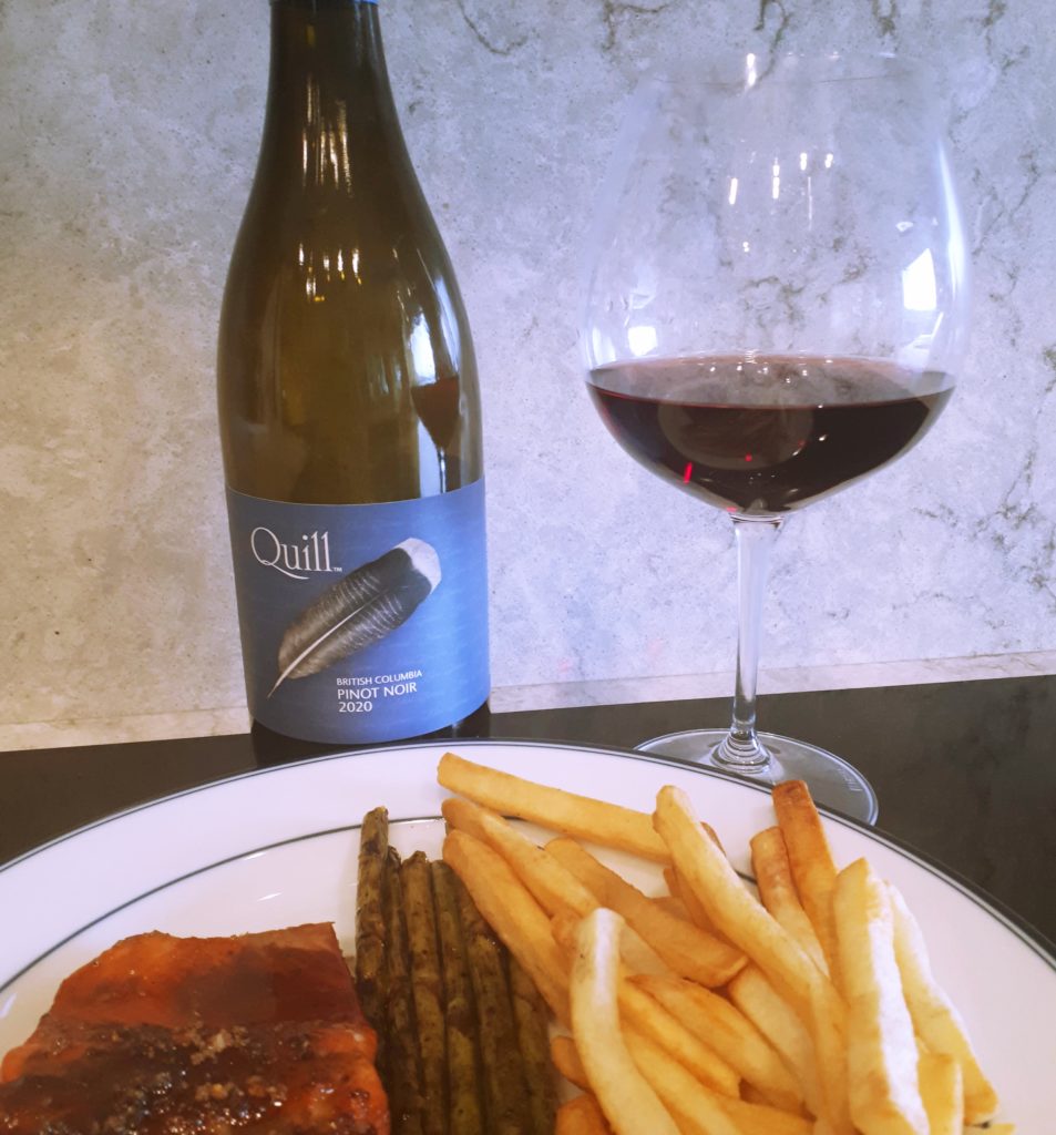 Blue Grouse Quill Pinot Noir with BBQ Wild Salmon, asparagus and fries.