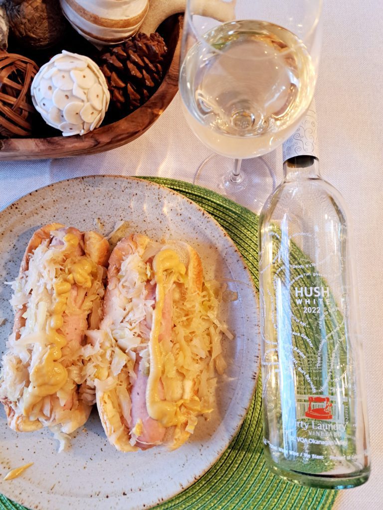 Dirty Laundry Vineyard HUSH white with Brats and Sauerkraut Lithuanian style
