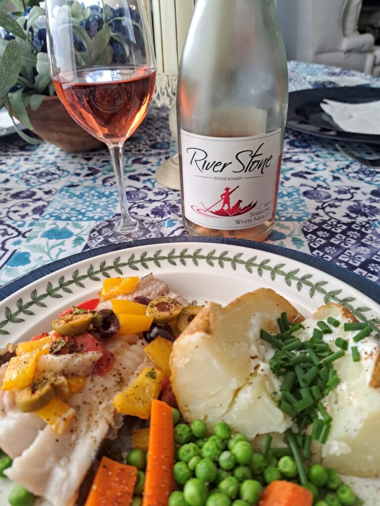 River Stone Sparkling White Merlot with Mediterranean Baked Black Cod (Sablefish)