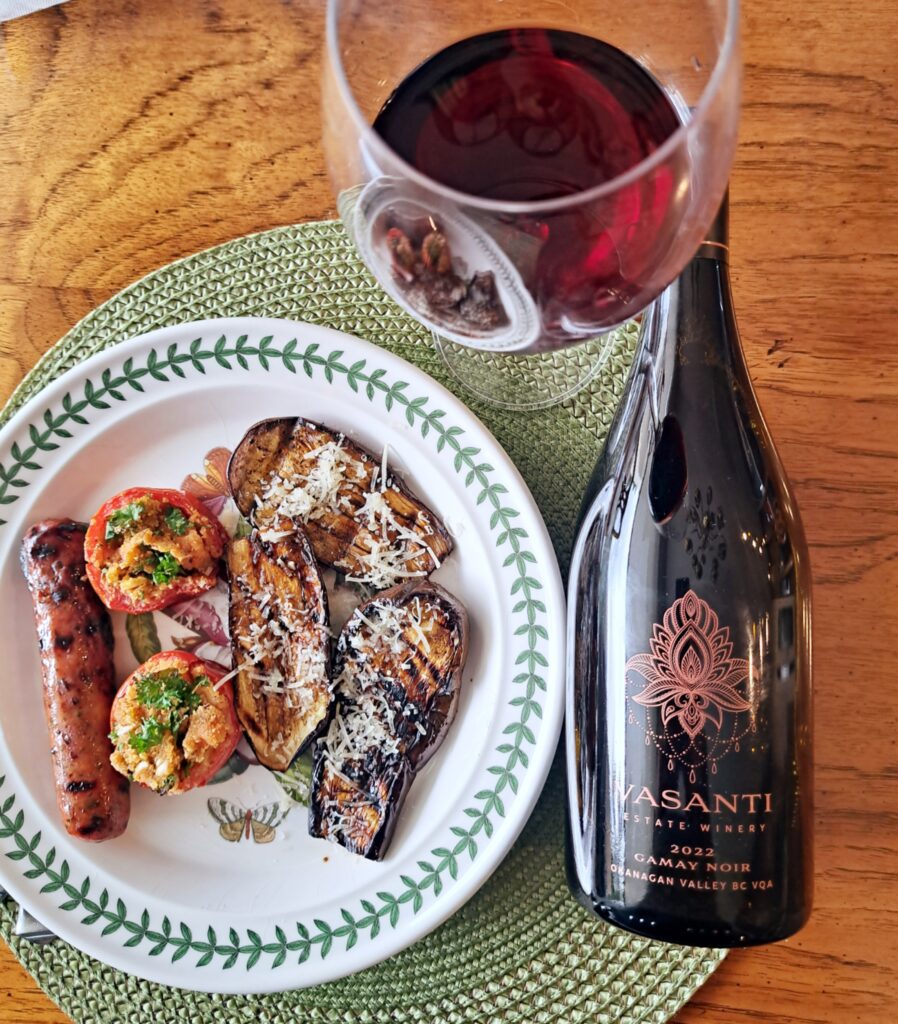 Vasanti Gamay with Gourmet Chicken Sausage, Stuffed Tomato and Roasted Eggplant.