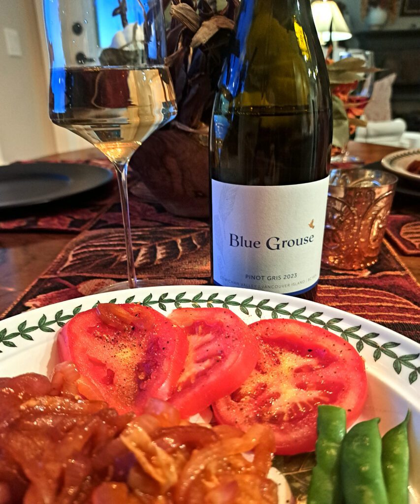 Blue Grouse Pinot Gris in Josephinenhütte glassware paired with spicy Indonesian Red Snapper.