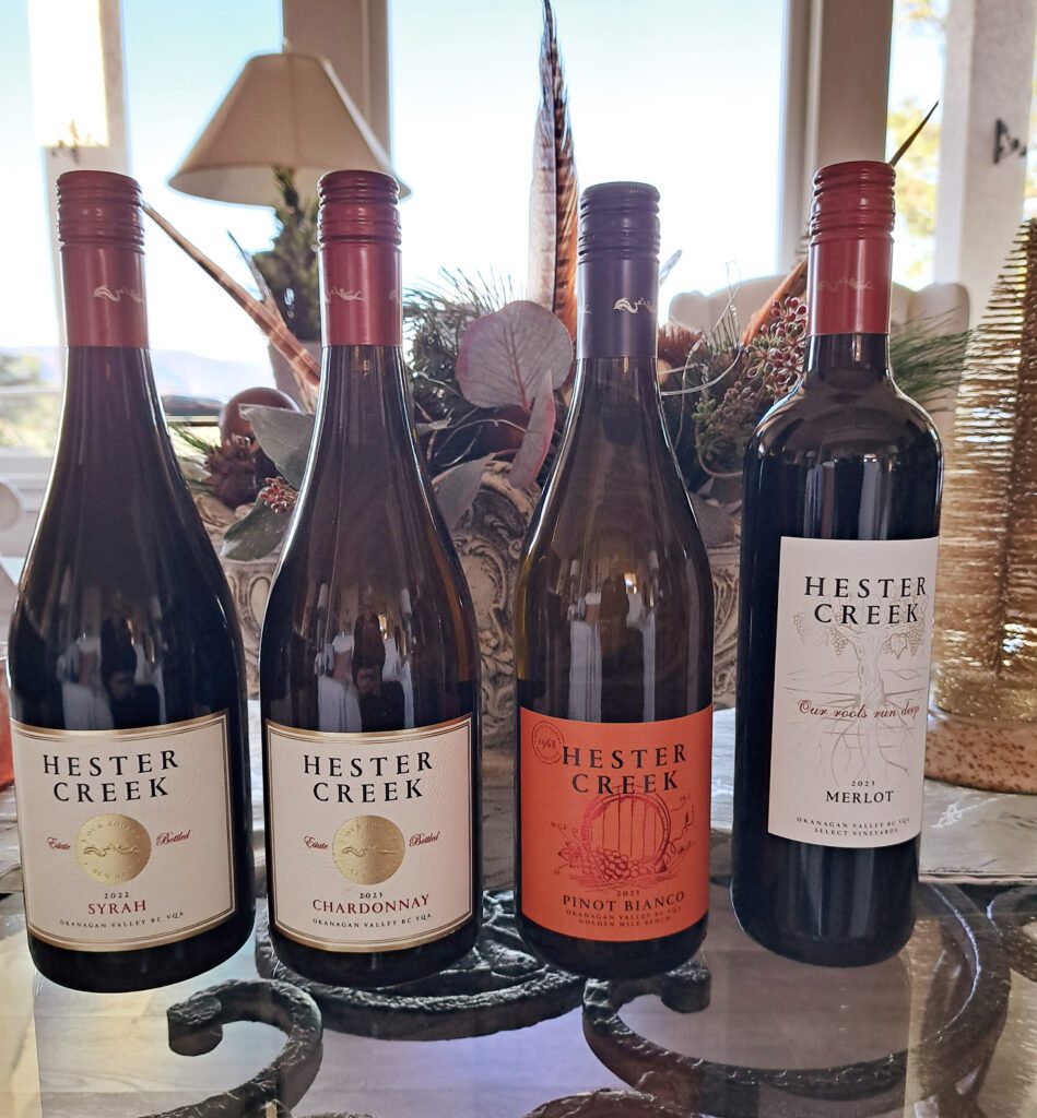 More fine wines from Hester Creek Estate Winery. 2023 wines include Chardonnay, Merlot, Pinot Bianco, and Syrah from the 2022 vintage. 