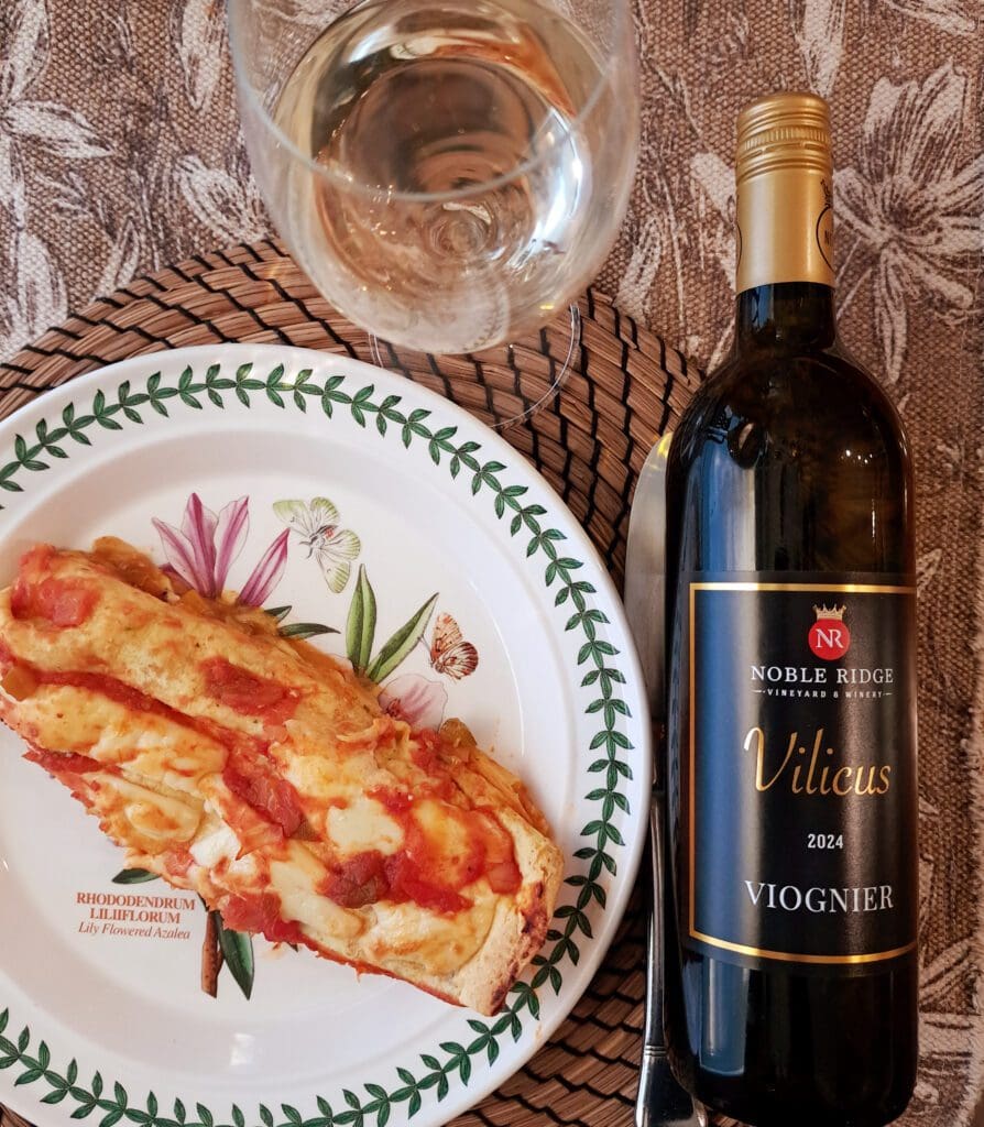 Noble Ridge Vilicus Series Viognier with baked beef enchiladas