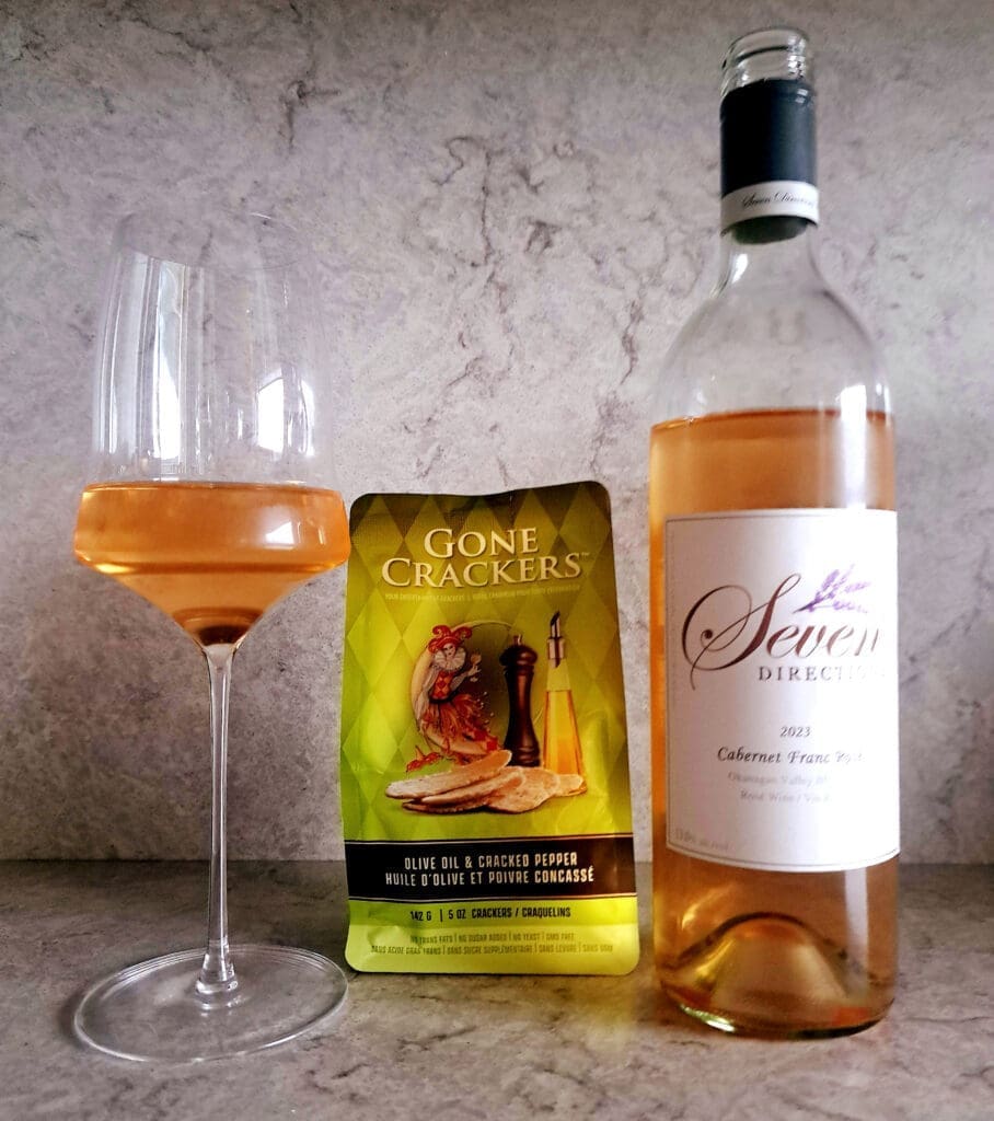 Seven Directions Cabernet Franc Rosé with Gone Crackers Olive Oil and cracked pepper