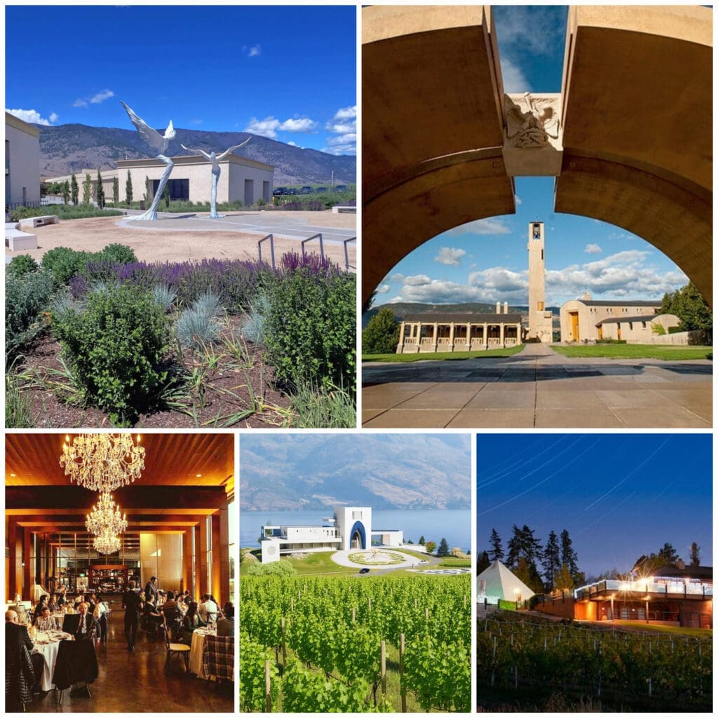 Okanagan winery architecture featuring Mission Hill Family Estate, 50th Parallel Estate Winery, Summerhill Pyramid Winery, Phantom Creek Estates, and Lake Country vineyards.