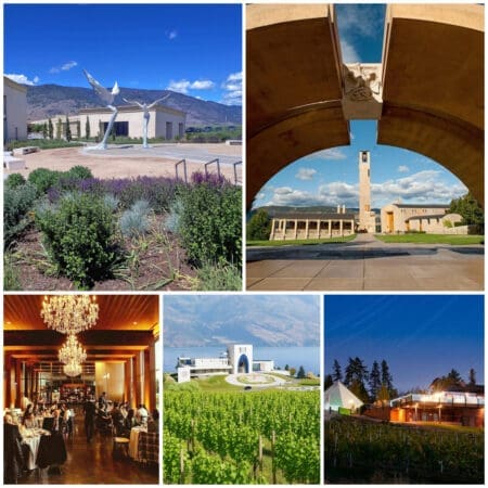 Okanagan winery architecture featuring Mission Hill Family Estate, 50th Parallel Estate Winery, Summerhill Pyramid Winery, Phantom Creek Estates, and Lake Country vineyards.